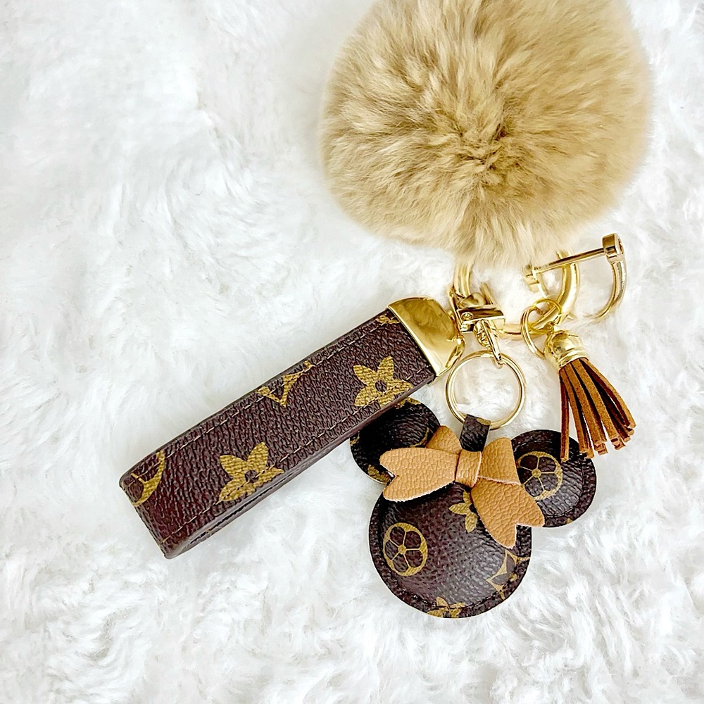 Minnie Faux Leather Keychain with Pom Pom